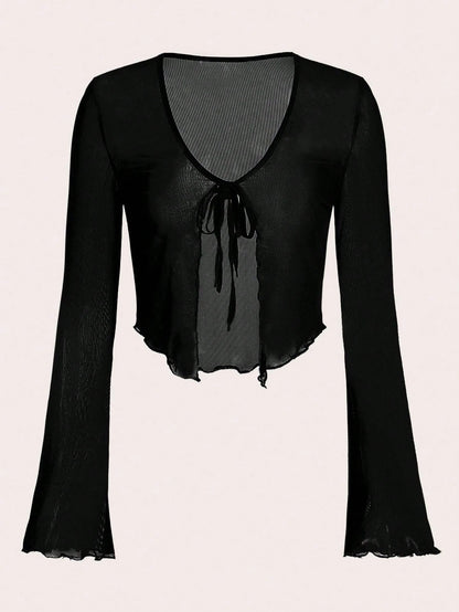 Tall CURVE Plus Size Black Tie Front Flare Sleeve Lettuce Trim Mesh Top,Ladies Classy Night Out Rave Cocktail Concert Club Sheer Autumn Tall Curve V Neck Sexy
