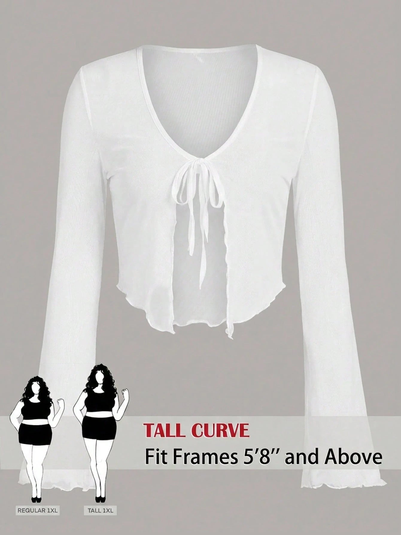 Tall CURVE Plus Size Black Tie Front Flare Sleeve Lettuce Trim Mesh Top,Ladies Classy Night Out Rave Cocktail Concert Club Sheer Autumn Tall Curve V Neck Sexy
