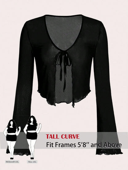 Tall CURVE Plus Size Black Tie Front Flare Sleeve Lettuce Trim Mesh Top,Ladies Classy Night Out Rave Cocktail Concert Club Sheer Autumn Tall Curve V Neck Sexy