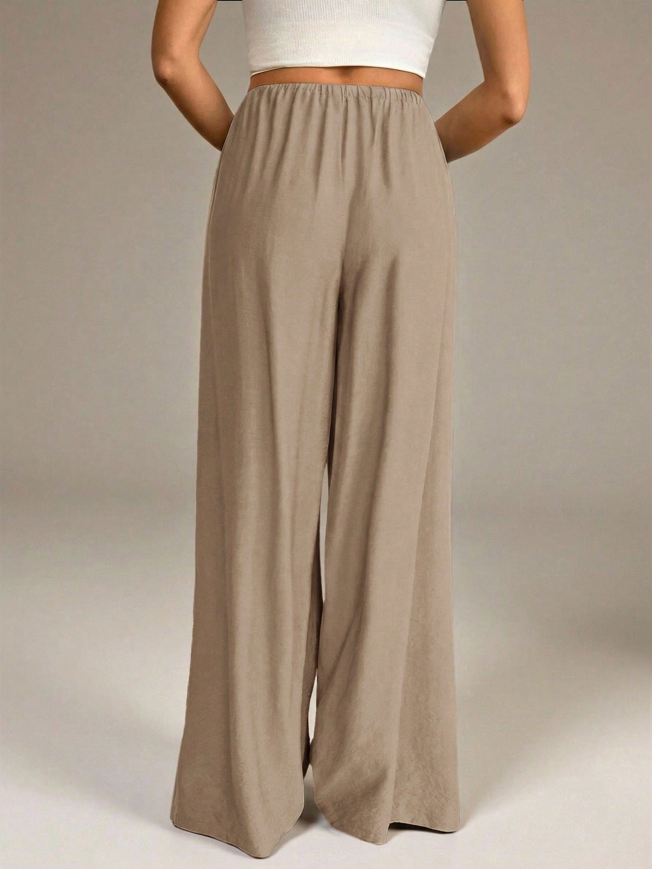 Tall Spring&Summer Women Khaki Elegant Unique Wide Leg Pants,Vacation Holiday Straight Leg Casual Baggy Trousers For Office,Business Casual,Streetwear, Tall Women