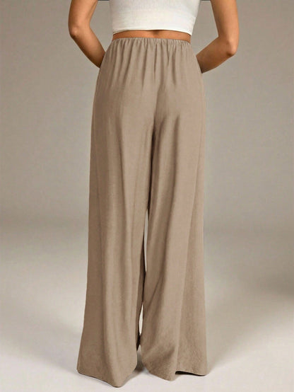 Tall Spring&Summer Women Khaki Elegant Unique Wide Leg Pants,Vacation Holiday Straight Leg Casual Baggy Trousers For Office,Business Casual,Streetwear, Tall Women