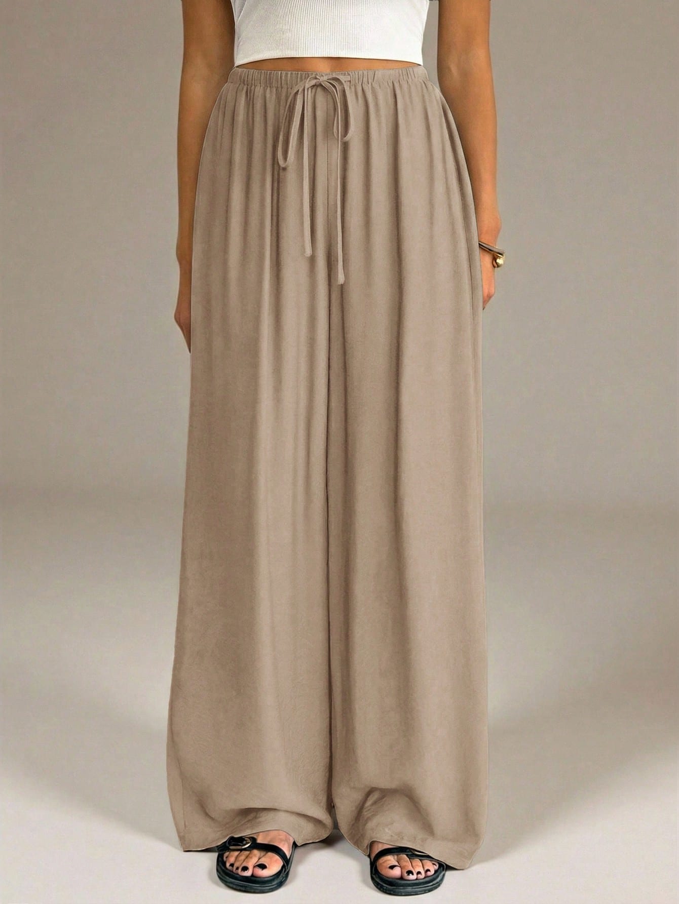 Tall Spring&Summer Women Khaki Elegant Unique Wide Leg Pants,Vacation Holiday Straight Leg Casual Baggy Trousers For Office,Business Casual,Streetwear, Tall Women