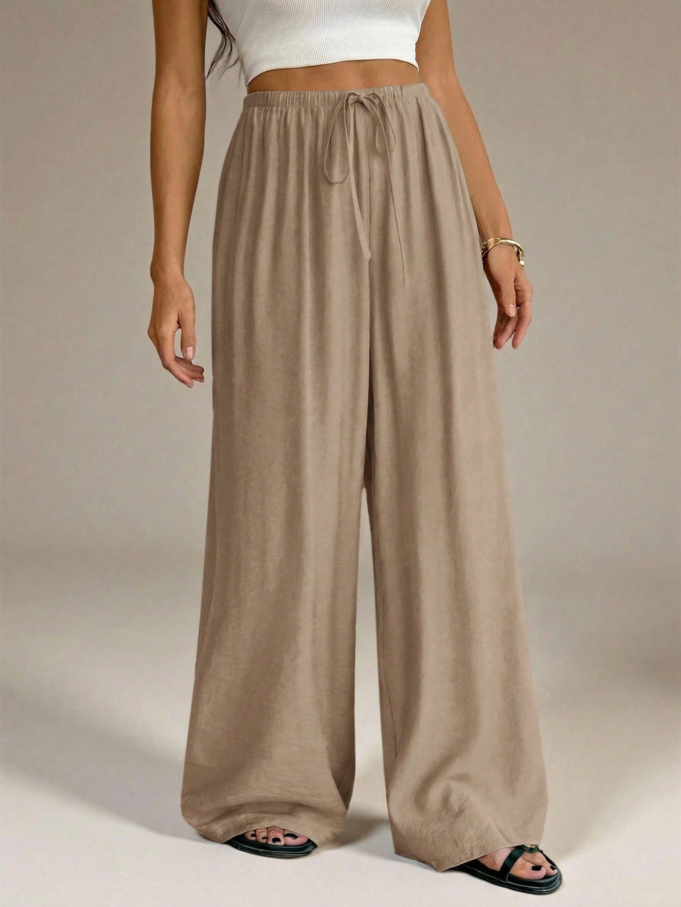 Tall Spring&Summer Women Khaki Elegant Unique Wide Leg Pants,Vacation Holiday Straight Leg Casual Baggy Trousers For Office,Business Casual,Streetwear, Tall Women