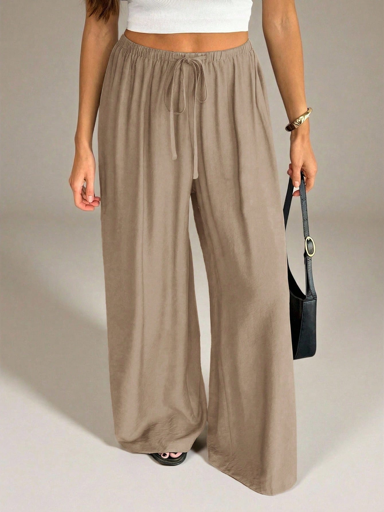 Tall Spring&Summer Women Khaki Elegant Unique Wide Leg Pants,Vacation Holiday Straight Leg Casual Baggy Trousers For Office,Business Casual,Streetwear, Tall Women