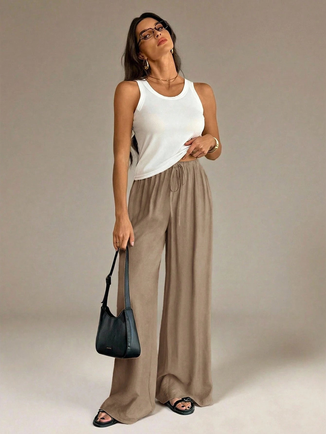 Tall Spring&Summer Women Khaki Elegant Unique Wide Leg Pants,Vacation Holiday Straight Leg Casual Baggy Trousers For Office,Business Casual,Streetwear, Tall Women