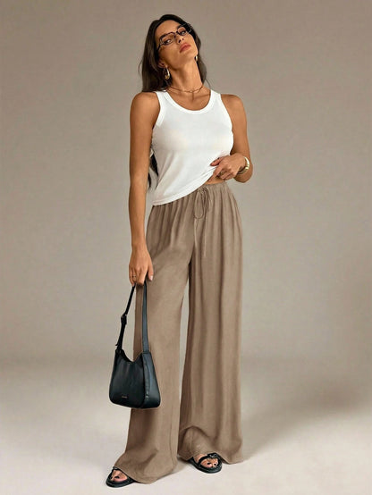 Tall Spring&Summer Women Khaki Elegant Unique Wide Leg Pants,Vacation Holiday Straight Leg Casual Baggy Trousers For Office,Business Casual,Streetwear, Tall Women