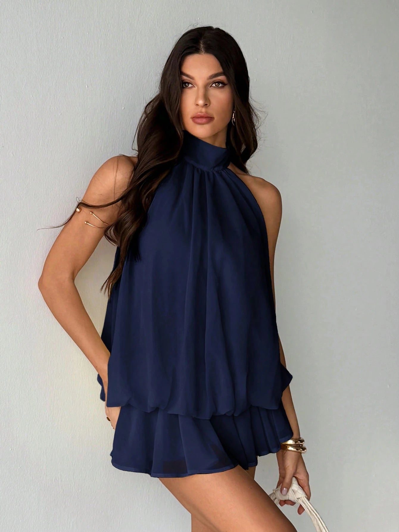 Tall Women's Elegant Navy Blue Halter Tie Mini Dress,Summer Backless Flowy Short Dress,Suitable For Party,Date,Autumn/Winter,Spring/Summer Low Back Dress, Tall Women