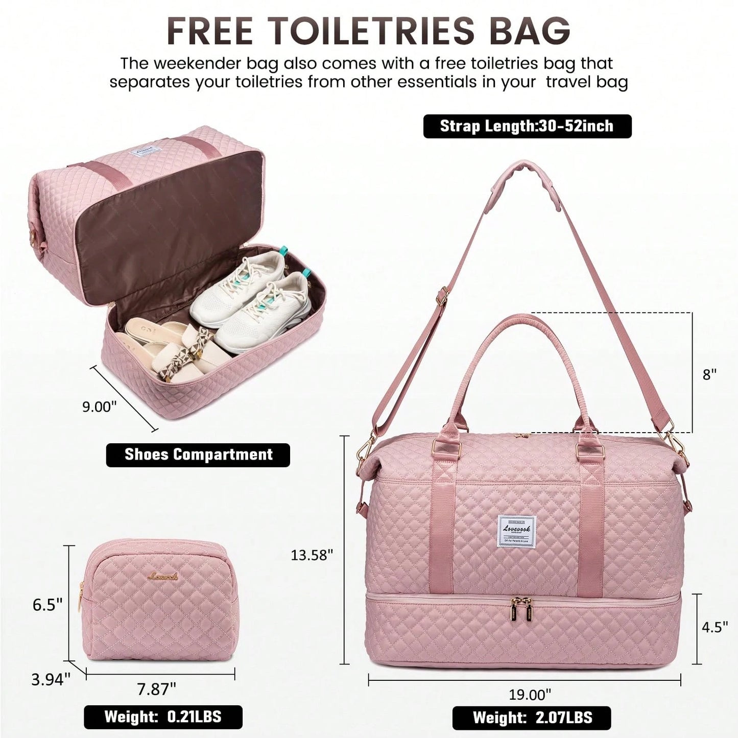 TD Travel Duffel Bag, Women's Weekend Travel Bag (With Shoe Compartment), Carry-On Overnight Bag, Gym Duffel Bag (With Waterproof Bag), Maternity Bag. Important!!! (Toiletries Bag Not Included) Pink