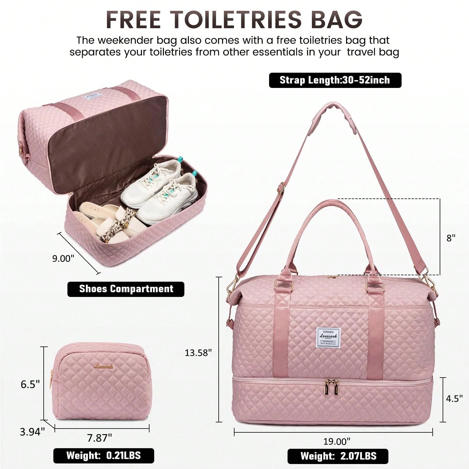 TD Travel Duffel Bag, Women's Weekend Travel Bag (With Shoe Compartment), Carry-On Overnight Bag, Gym Duffel Bag (With Waterproof Bag), Maternity Bag. Important!!! (Toiletries Bag Not Included) Pink