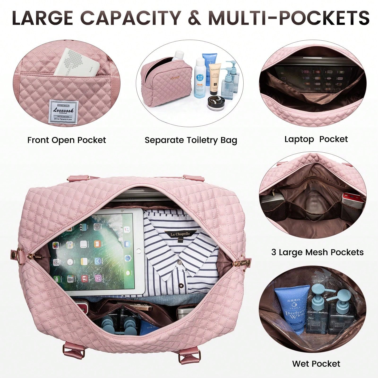 TD Travel Duffel Bag, Women's Weekend Travel Bag (With Shoe Compartment), Carry-On Overnight Bag, Gym Duffel Bag (With Waterproof Bag), Maternity Bag. Important!!! (Toiletries Bag Not Included) Pink