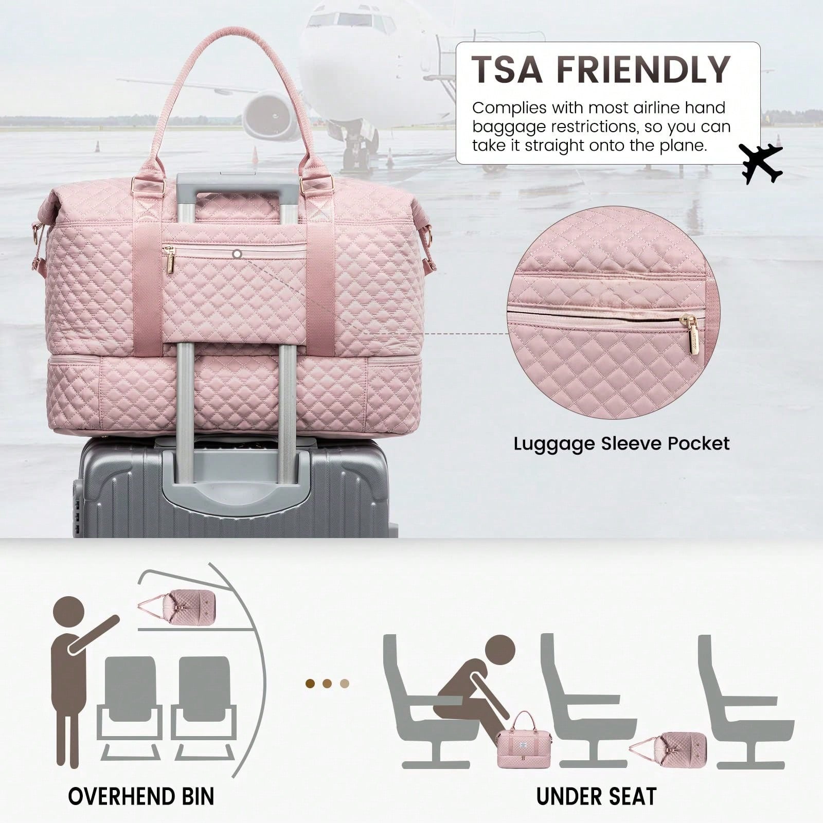 TD Travel Duffel Bag, Women's Weekend Travel Bag (With Shoe Compartment), Carry-On Overnight Bag, Gym Duffel Bag (With Waterproof Bag), Maternity Bag. Important!!! (Toiletries Bag Not Included) Pink