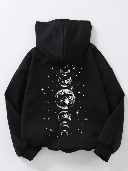 Teen Girl Moon Evolution Pattern Hooded Coat. Soft And Machine-Washable, Casual And Fashionable, Suitable For Travel, Party And Campus Wear.Suitable For School, Vacation And Shopping
