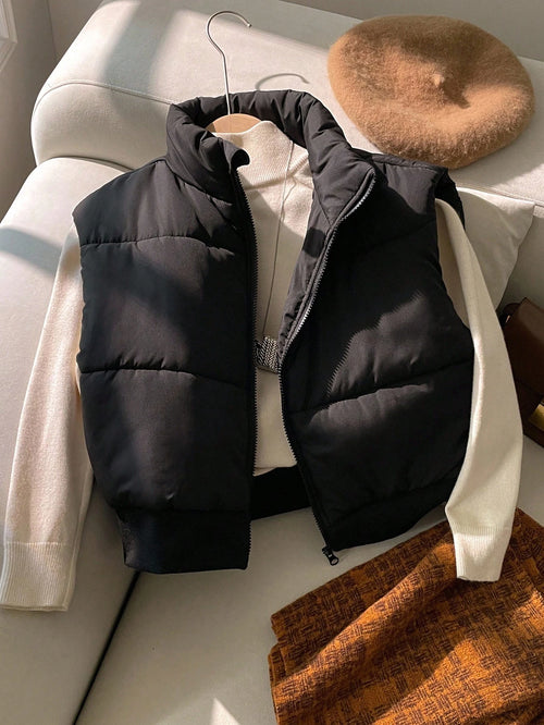Teen Girls Black Casual Zip Up All-Match Versatile Sleeveless Stand Collar Short Cotton Padded Vest, Autumn/Winter Fall, Solid, Minimalist, Back To