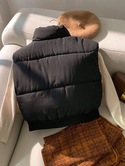Teen Girls Black Casual Zip Up All-Match Versatile Sleeveless Stand Collar Short Cotton Padded Vest, Autumn/Winter Fall, Solid, Minimalist, Back To