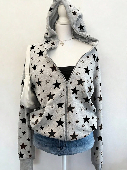 Teens Girls' Retro Star Zip-Up Hoodie Sweatshirt,Black,Autumn,Matrix,Streetwear,Dance,Back-To-School Loose Fit Jacket,College Style,INS School Outfit