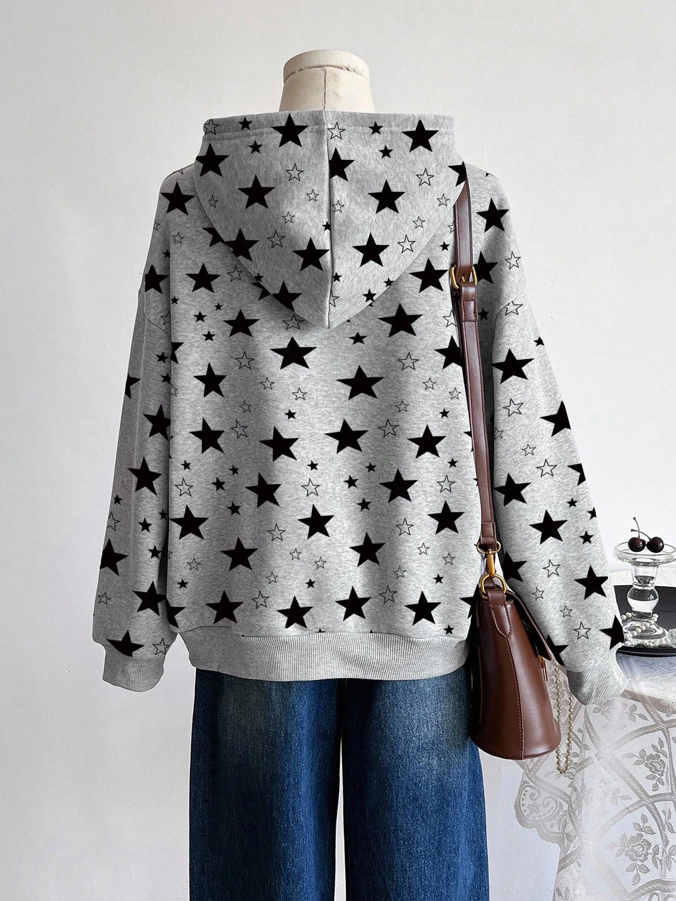 Teens Girls' Retro Star Zip-Up Hoodie Sweatshirt,Black,Autumn,Matrix,Streetwear,Dance,Back-To-School Loose Fit Jacket,College Style,INS School Outfit