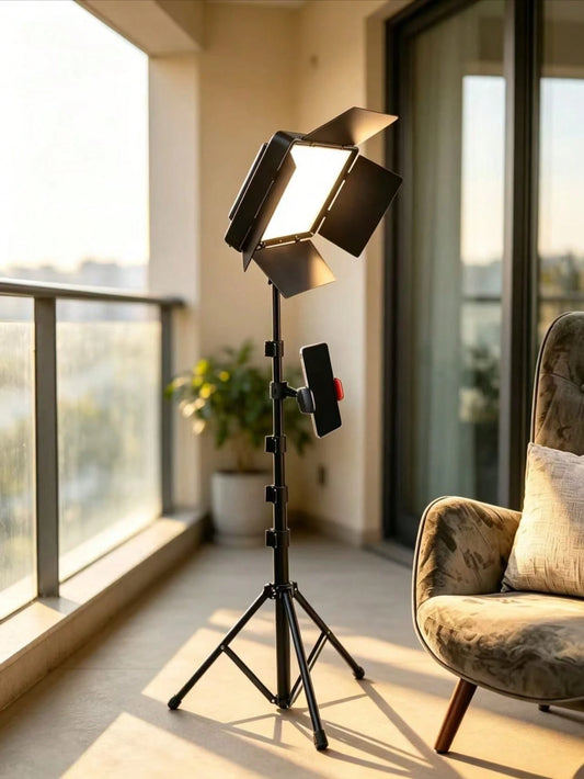 This 10-Inch LED Panel Video Light Kit Includes A 63-Inch Height-Adjustable Tripod And Universal Phone Clamp, A 10-Inch Square Light With 4 Dividers And A Phone Clamp, And 3 Colors With 10 Levels Of A