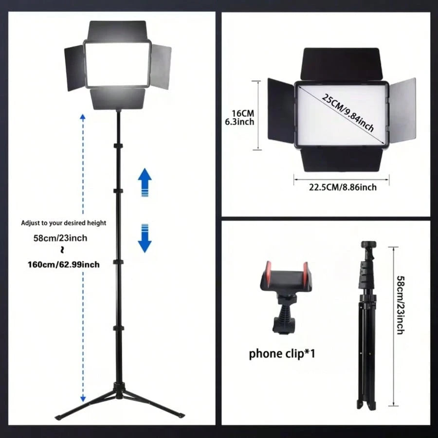 This 10-Inch LED Panel Video Light Kit Includes A 63-Inch Height-Adjustable Tripod And Universal Phone Clamp, A 10-Inch Square Light With 4 Dividers And A Phone Clamp, And 3 Colors With 10 Levels Of A