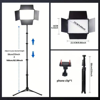 This 10-Inch LED Panel Video Light Kit Includes A 63-Inch Height-Adjustable Tripod And Universal Phone Clamp, A 10-Inch Square Light With 4 Dividers And A Phone Clamp, And 3 Colors With 10 Levels Of A