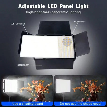 This 10-Inch LED Panel Video Light Kit Includes A 63-Inch Height-Adjustable Tripod And Universal Phone Clamp, A 10-Inch Square Light With 4 Dividers And A Phone Clamp, And 3 Colors With 10 Levels Of A