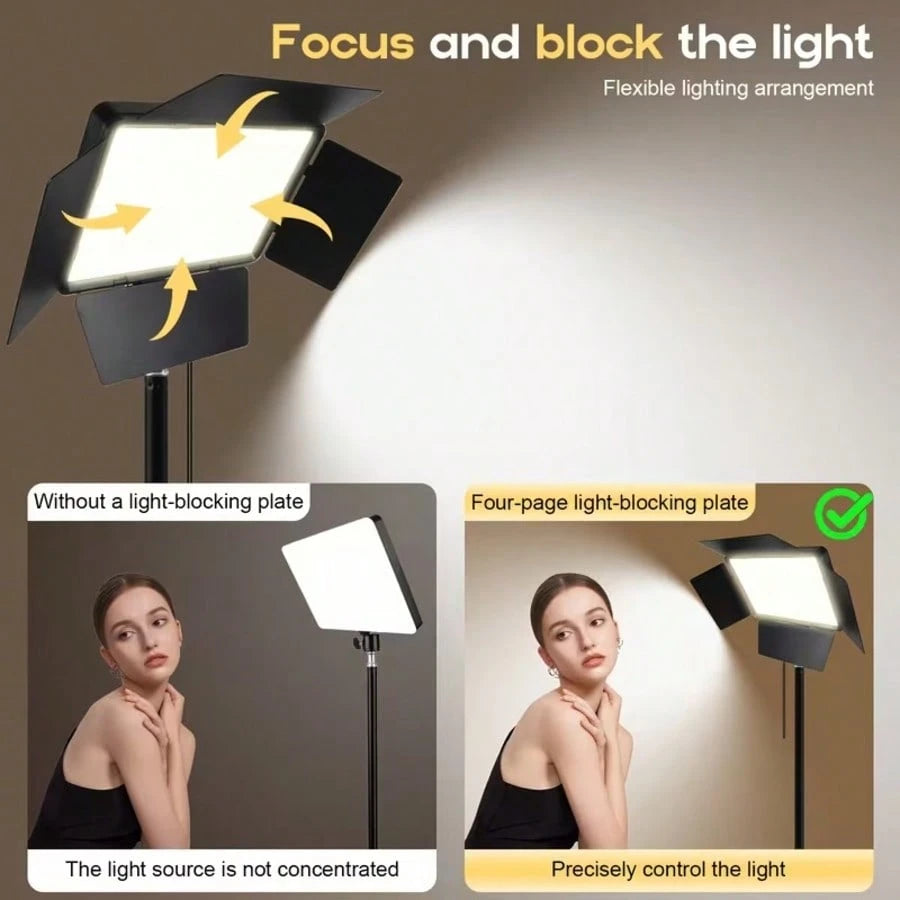 This 10-Inch LED Panel Video Light Kit Includes A 63-Inch Height-Adjustable Tripod And Universal Phone Clamp, A 10-Inch Square Light With 4 Dividers And A Phone Clamp, And 3 Colors With 10 Levels Of A