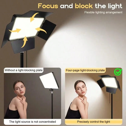 This 10-Inch LED Panel Video Light Kit Includes A 63-Inch Height-Adjustable Tripod And Universal Phone Clamp, A 10-Inch Square Light With 4 Dividers And A Phone Clamp, And 3 Colors With 10 Levels Of A