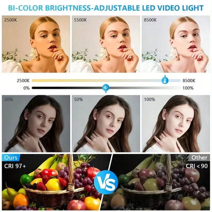 This 10-Inch LED Panel Video Light Kit Includes A 63-Inch Height-Adjustable Tripod And Universal Phone Clamp, A 10-Inch Square Light With 4 Dividers And A Phone Clamp, And 3 Colors With 10 Levels Of A