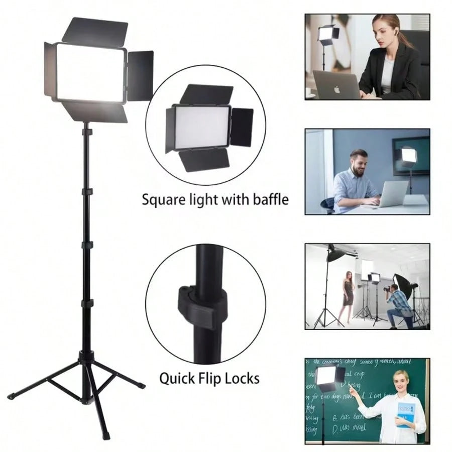 This 10-Inch LED Panel Video Light Kit Includes A 63-Inch Height-Adjustable Tripod And Universal Phone Clamp, A 10-Inch Square Light With 4 Dividers And A Phone Clamp, And 3 Colors With 10 Levels Of A