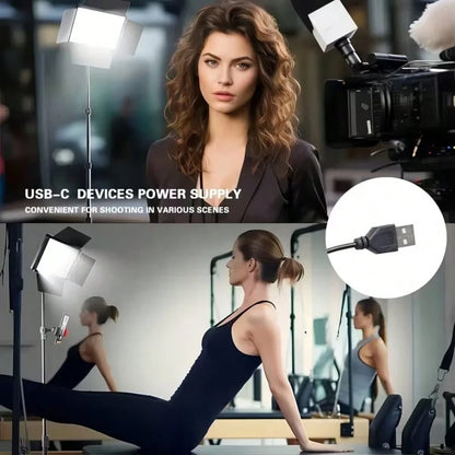 This 10-Inch LED Panel Video Light Kit Includes A 63-Inch Height-Adjustable Tripod And Universal Phone Clamp, A 10-Inch Square Light With 4 Dividers And A Phone Clamp, And 3 Colors With 10 Levels Of A