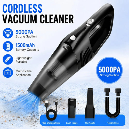 This Car Vacuum Cleaner Boasts A Powerful 5000Pa Suction, Making It A Versatile Handheld Cordless Vacuum Cleaner. It Features USB Charging, Long Battery Life, And Is Suitable For Use In Cars, Homes, A