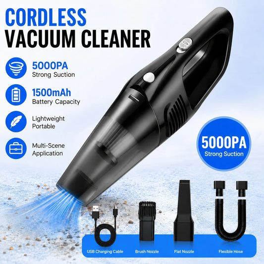 This Car Vacuum Cleaner Boasts A Powerful 5000Pa Suction, Making It A Versatile Handheld Cordless Vacuum Cleaner. It Features USB Charging, Long Battery Life, And Is Suitable For Use In Cars, Homes, A