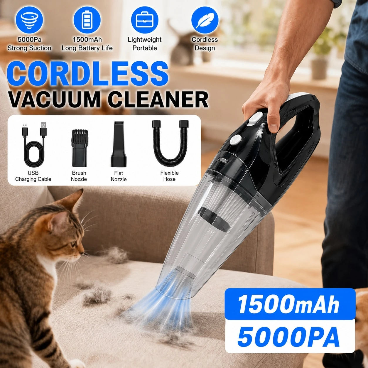 This Car Vacuum Cleaner Boasts A Powerful 5000Pa Suction, Making It A Versatile Handheld Cordless Vacuum Cleaner. It Features USB Charging, Long Battery Life, And Is Suitable For Use In Cars, Homes, A