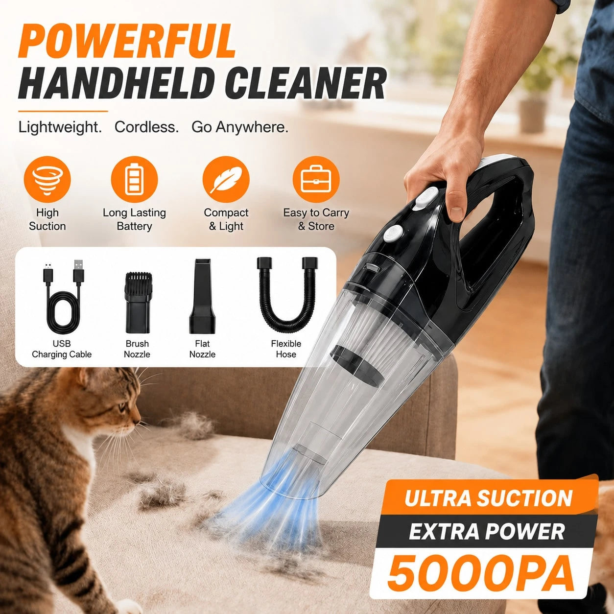 This Car Vacuum Cleaner Boasts A Powerful 5000Pa Suction, Making It A Versatile Handheld Cordless Vacuum Cleaner. It Features USB Charging, Long Battery Life, And Is Suitable For Use In Cars, Homes, A