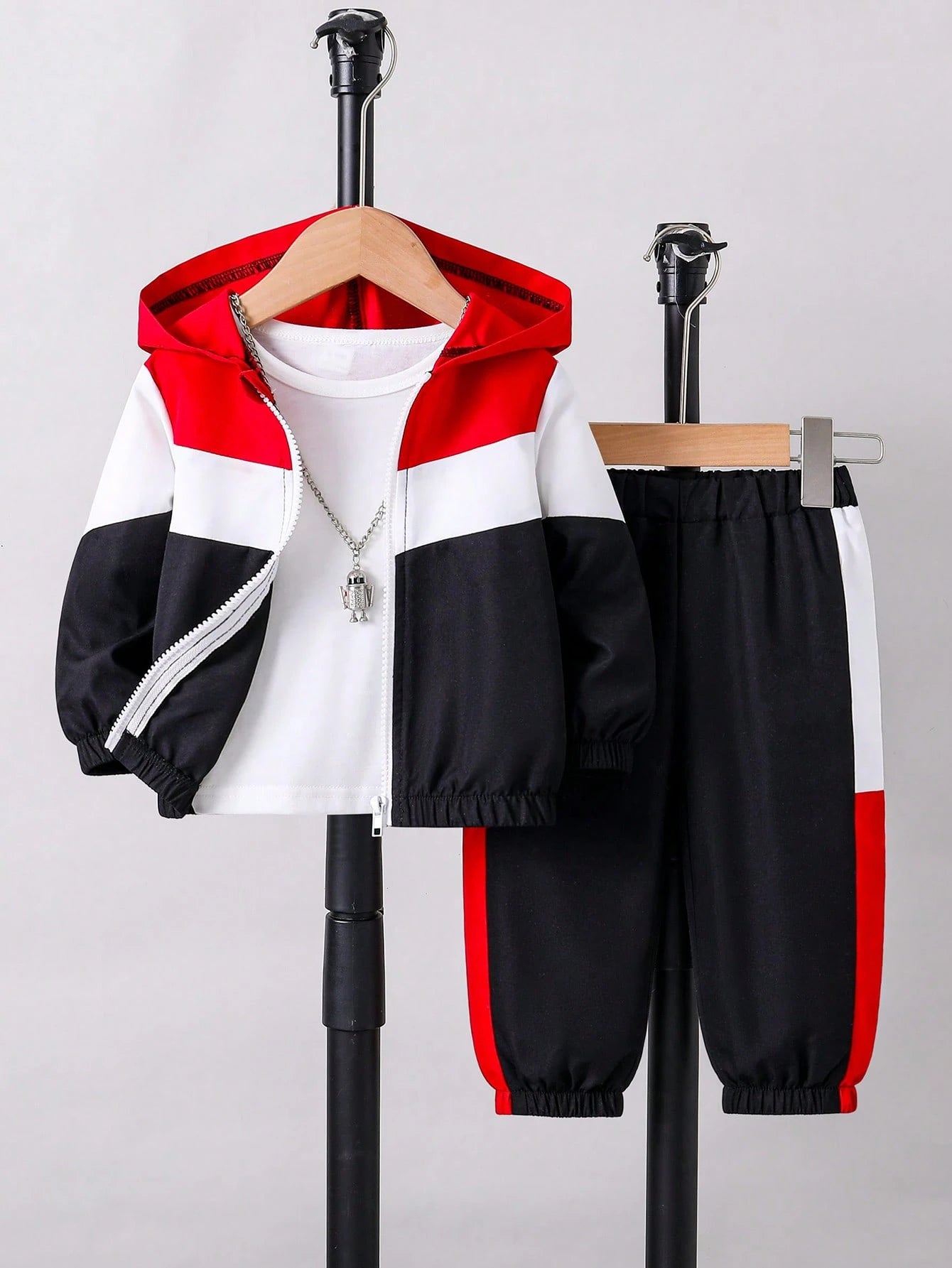 Toddler Boys'Hooded Zip-Up Jacket With Contrast Panels Paired With Patchwork Pants Black And White Autumn Cover Up Vacation Outdoor Indoor Wear Spring
