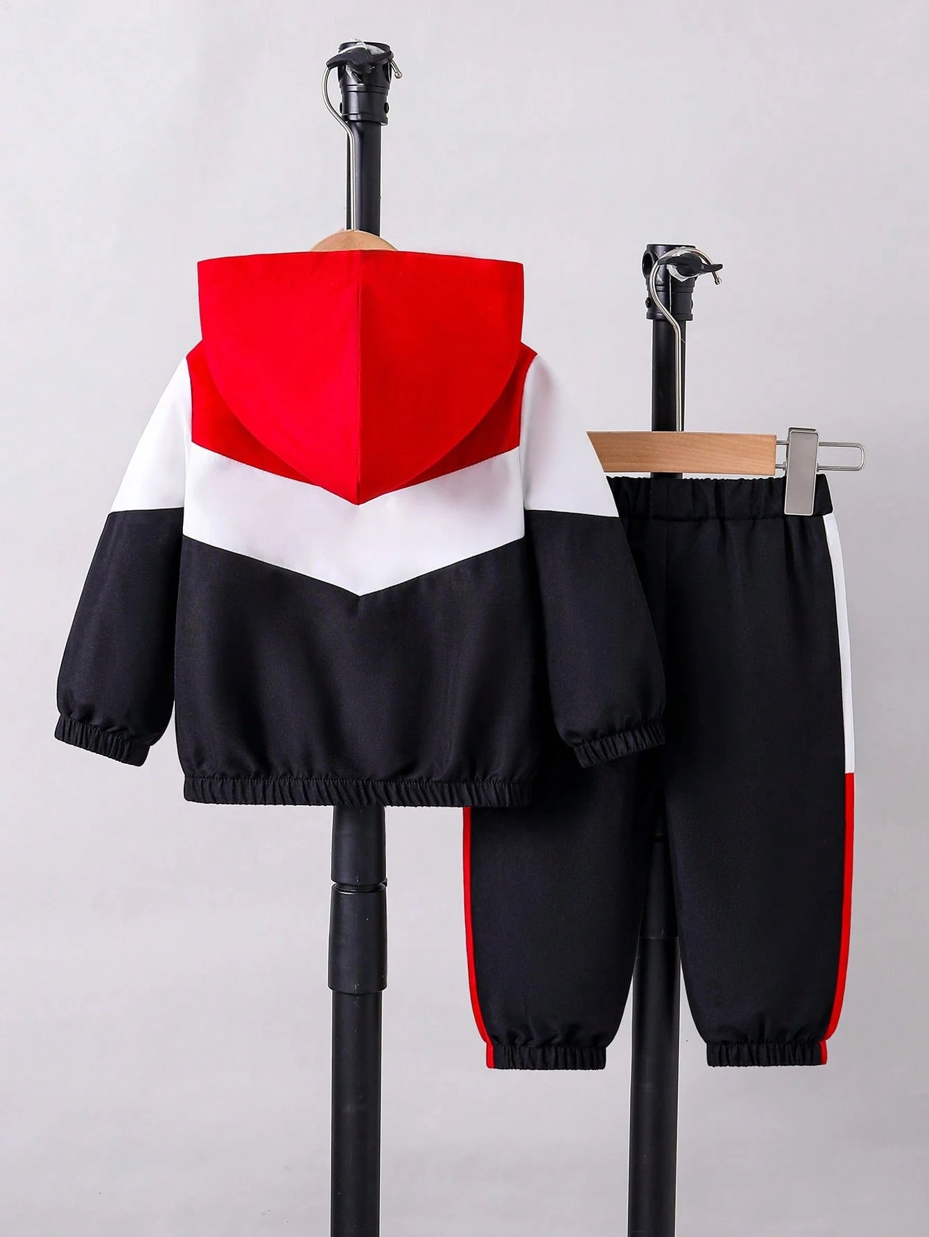 Toddler Boys'Hooded Zip-Up Jacket With Contrast Panels Paired With Patchwork Pants Black And White Autumn Cover Up Vacation Outdoor Indoor Wear Spring