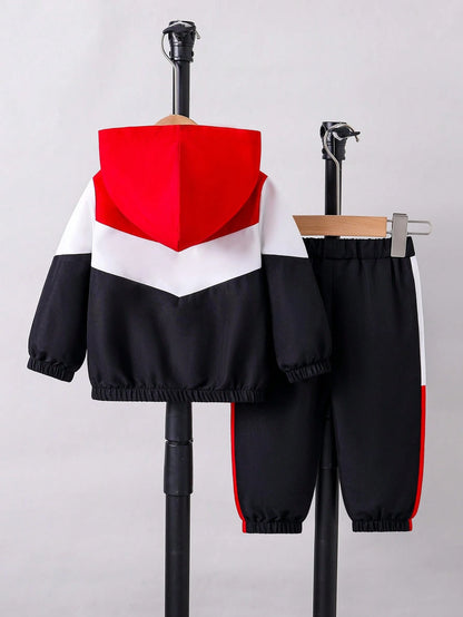 Toddler Boys'Hooded Zip-Up Jacket With Contrast Panels Paired With Patchwork Pants Black And White Autumn Cover Up Vacation Outdoor Indoor Wear Spring