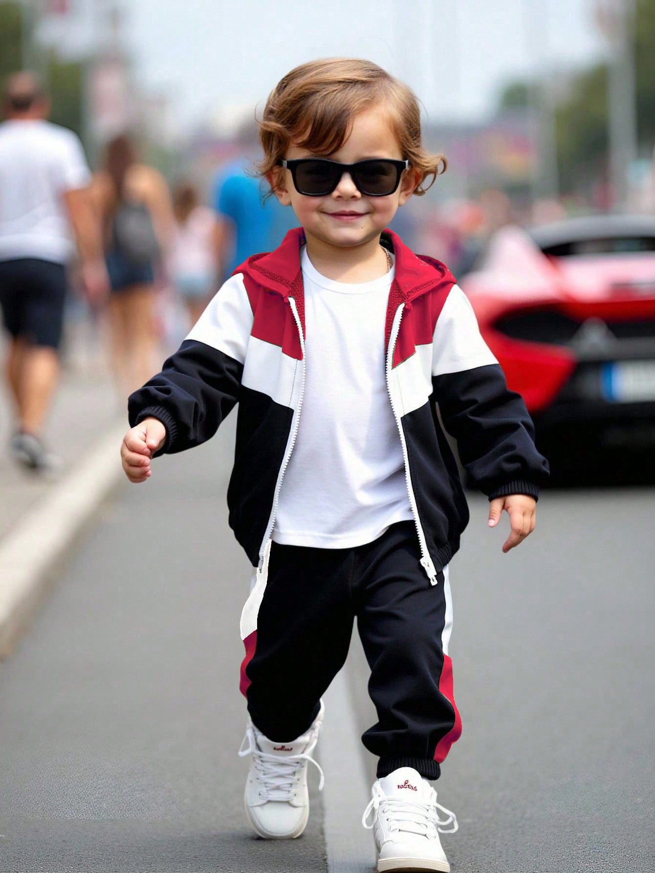 Toddler Boys'Hooded Zip-Up Jacket With Contrast Panels Paired With Patchwork Pants Black And White Autumn Cover Up Vacation Outdoor Indoor Wear Spring