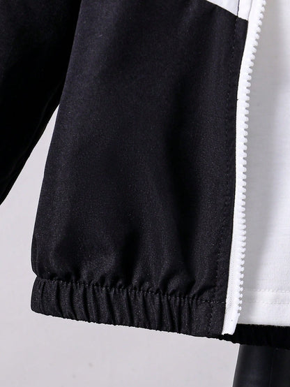 Toddler Boys'Hooded Zip-Up Jacket With Contrast Panels Paired With Patchwork Pants Black And White Autumn Cover Up Vacation Outdoor Indoor Wear Spring