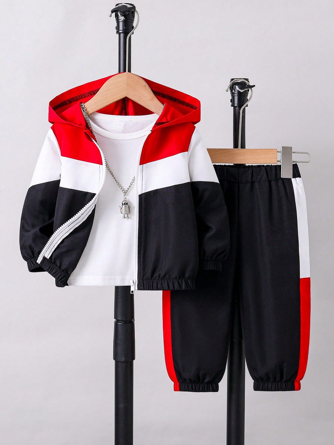 Toddler Boys'Hooded Zip-Up Jacket With Contrast Panels Paired With Patchwork Pants Black And White Autumn Cover Up Vacation Outdoor Indoor Wear Spring
