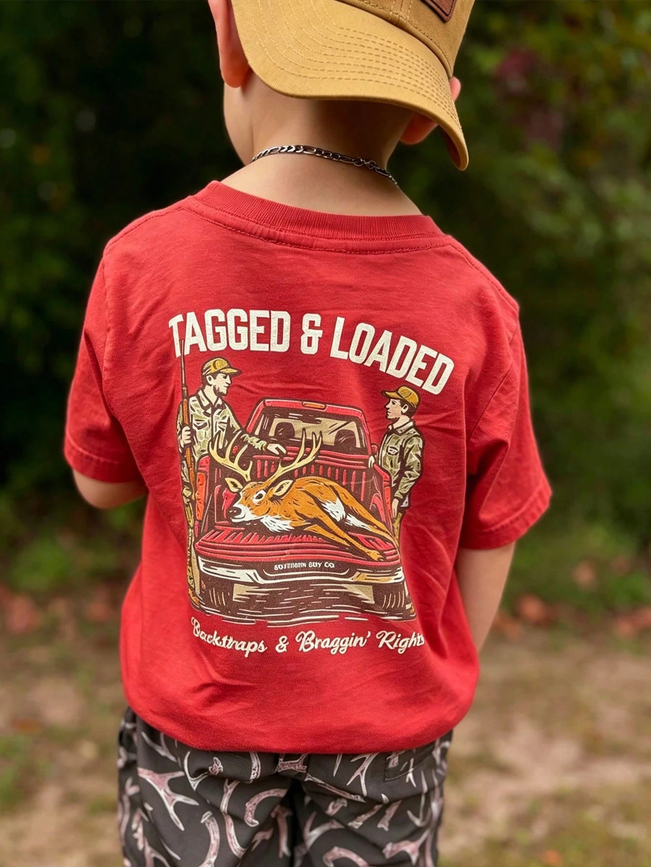 Toddler Boys Tagged & Loaded Deer Hunting Truck Graphic Short Sleeve T-Shirt, Soft Comfort Breathable Kids Western Outdoor Summer Tee