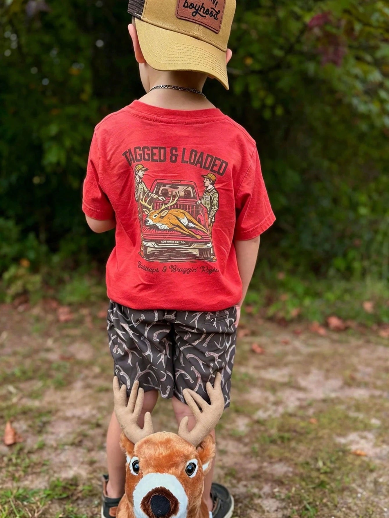 Toddler Boys Tagged & Loaded Deer Hunting Truck Graphic Short Sleeve T-Shirt, Soft Comfort Breathable Kids Western Outdoor Summer Tee