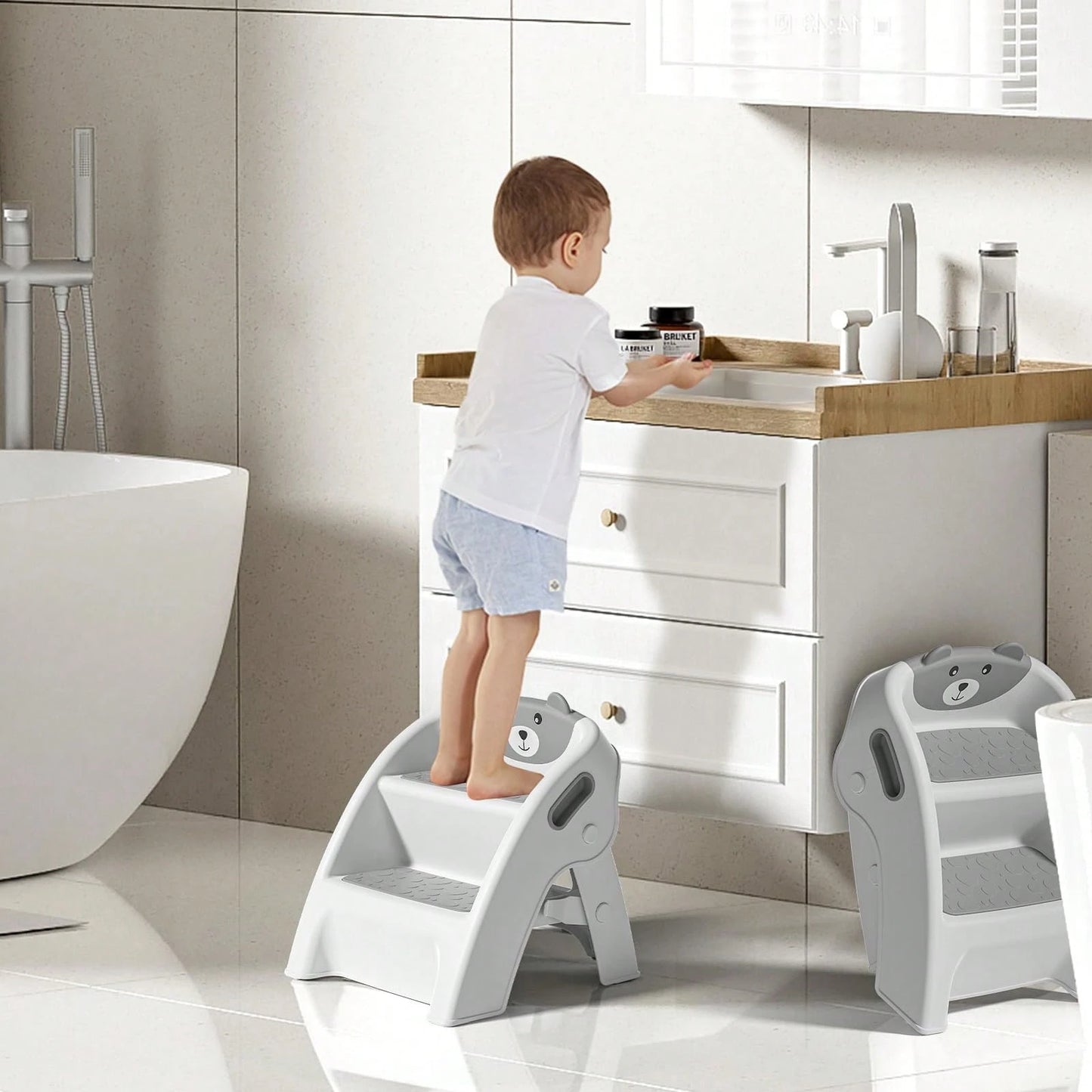 Toddler Step Stool, Foldable 2-Step Kids Stool With Non-Slip Design And Handle, Multipurpose Step Stool For Bathroom Sink, Kitchen, Bedroom, Counter