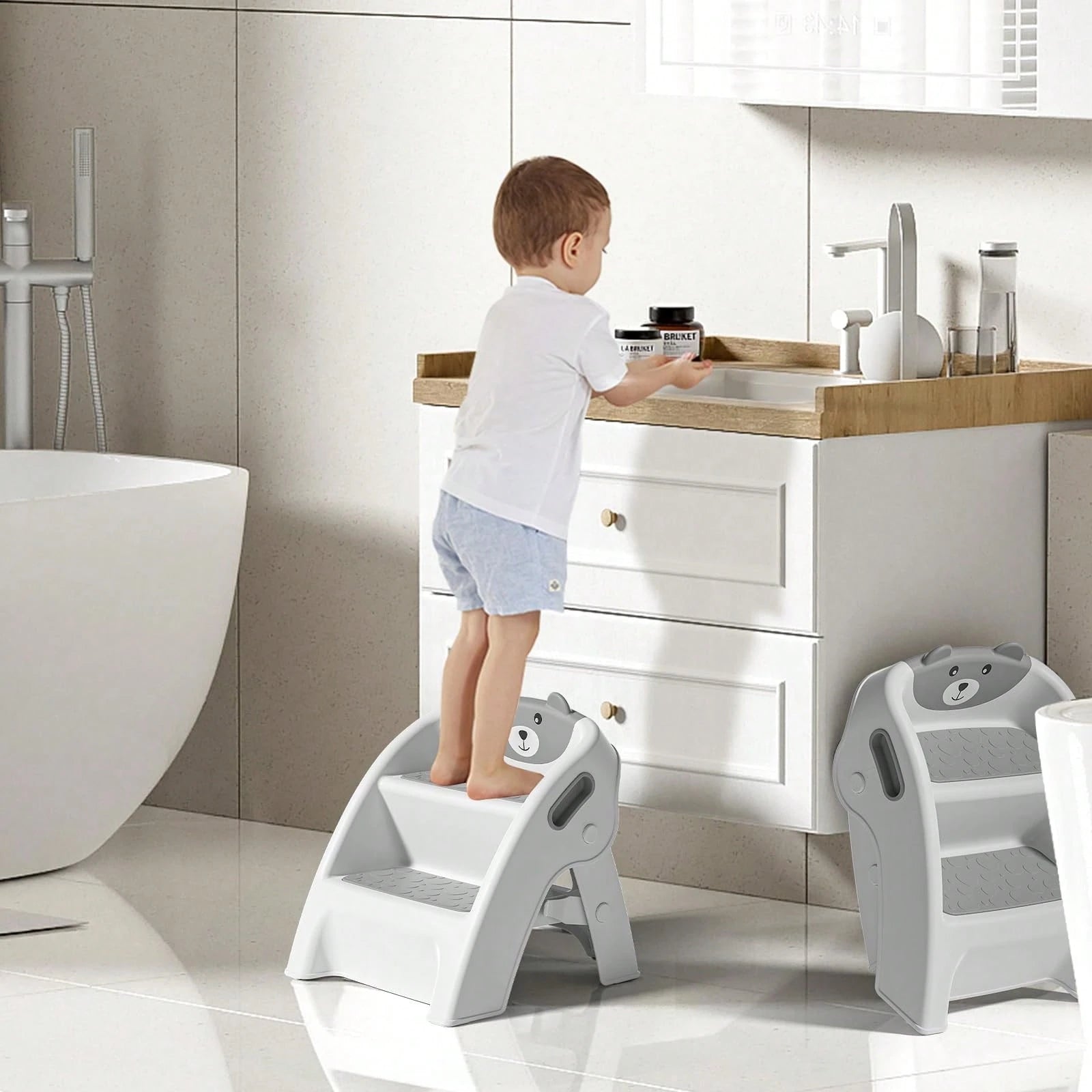 Toddler Step Stool, Foldable 2-Step Kids Stool With Non-Slip Design And Handle, Multipurpose Step Stool For Bathroom Sink, Kitchen, Bedroom, Counter