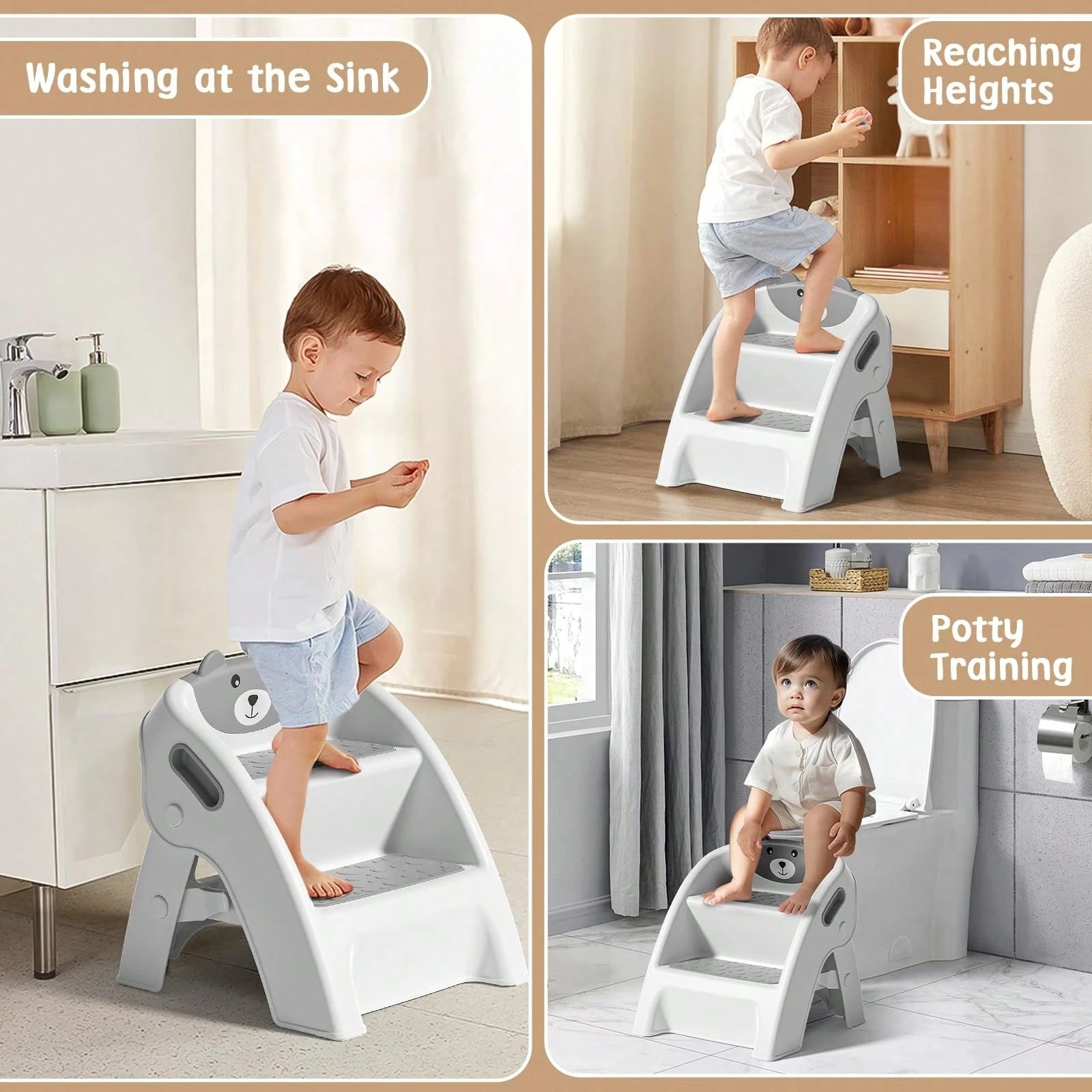 Toddler Step Stool, Foldable 2-Step Kids Stool With Non-Slip Design And Handle, Multipurpose Step Stool For Bathroom Sink, Kitchen, Bedroom, Counter