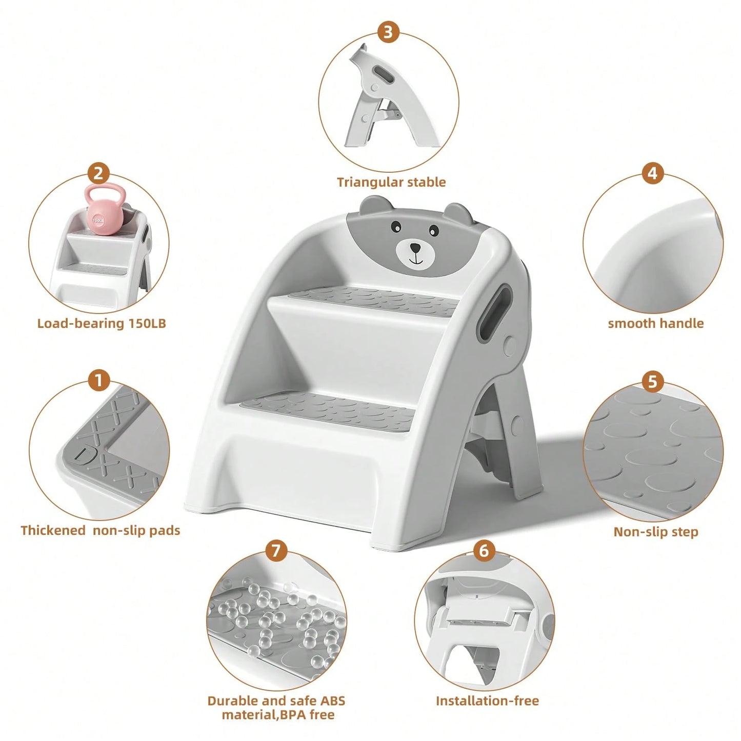 Toddler Step Stool, Foldable 2-Step Kids Stool With Non-Slip Design And Handle, Multipurpose Step Stool For Bathroom Sink, Kitchen, Bedroom, Counter