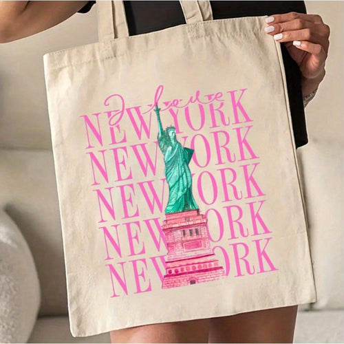 Top PickWomen's NYC Travel Bag- Statue Of Liberty Tote With New York Text, Open Top Beach Handbag, Machine Washable Lightweight For Women, NYC Souvenir Gift (Beige & Pink)- Perfect For Vacation