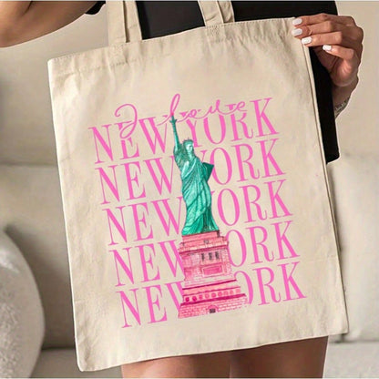 Top PickWomen's NYC Travel Bag- Statue Of Liberty Tote With New York Text, Open Top Beach Handbag, Machine Washable Lightweight For Women, NYC Souvenir Gift (Beige & Pink)- Perfect For Vacation