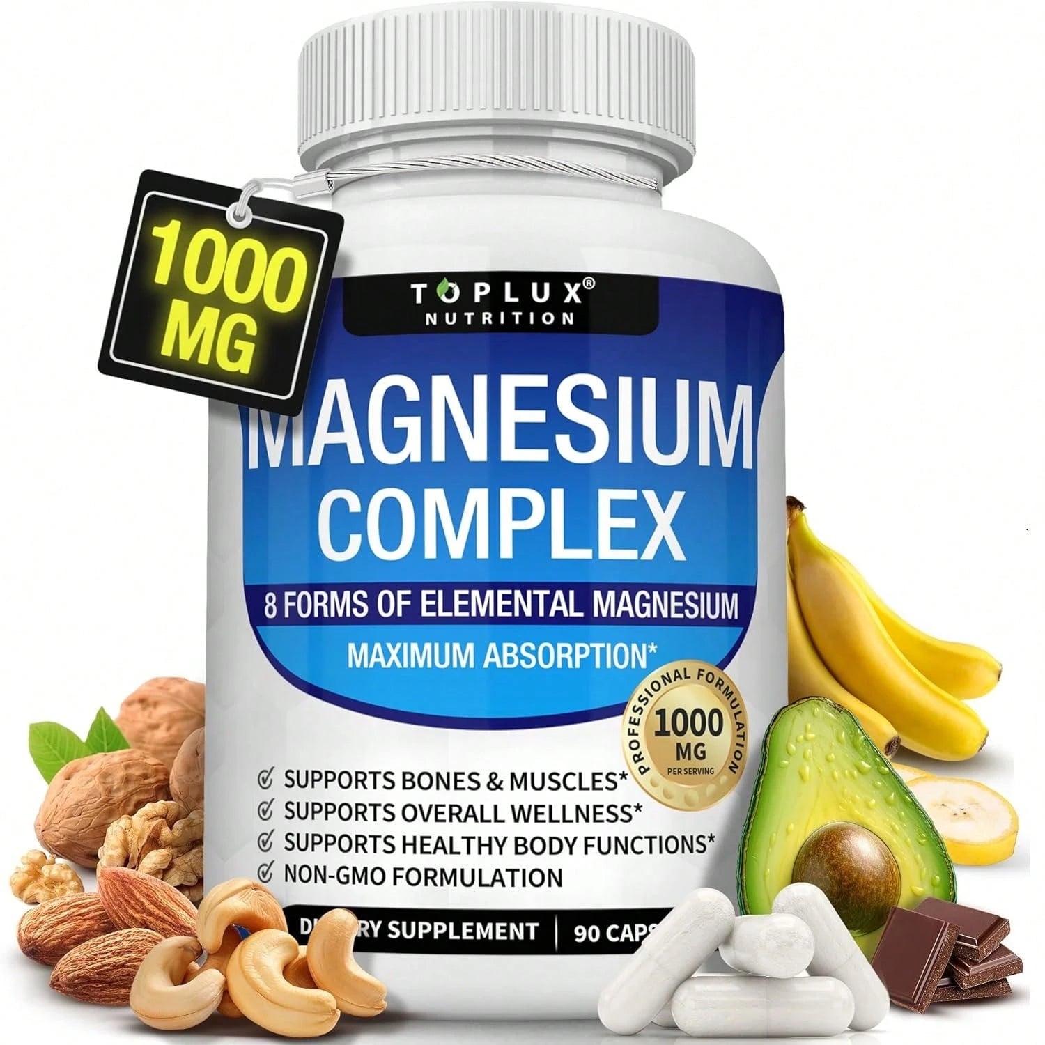 Toplux Magnesium Complex Supplement 8 Elemental 1000mg- Magnesium Glycinate, Citrate, Malate, Taurate, Chelated For Easy Absorption For Bones, Muscle, Recovery, Energy, Vegan Non-GMO 90 Capsules Vita