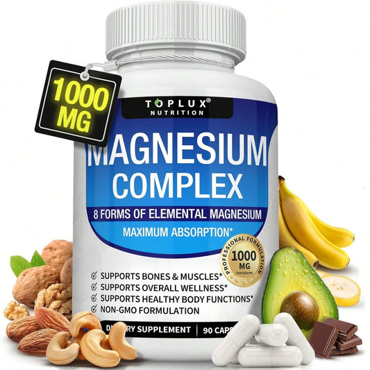 Toplux Magnesium Complex Supplement 8 Elemental 1000mg- Magnesium Glycinate, Citrate, Malate, Taurate, Chelated For Easy Absorption For Bones, Muscle, Recovery, Energy, Vegan Non-GMO 90 Capsules Vita