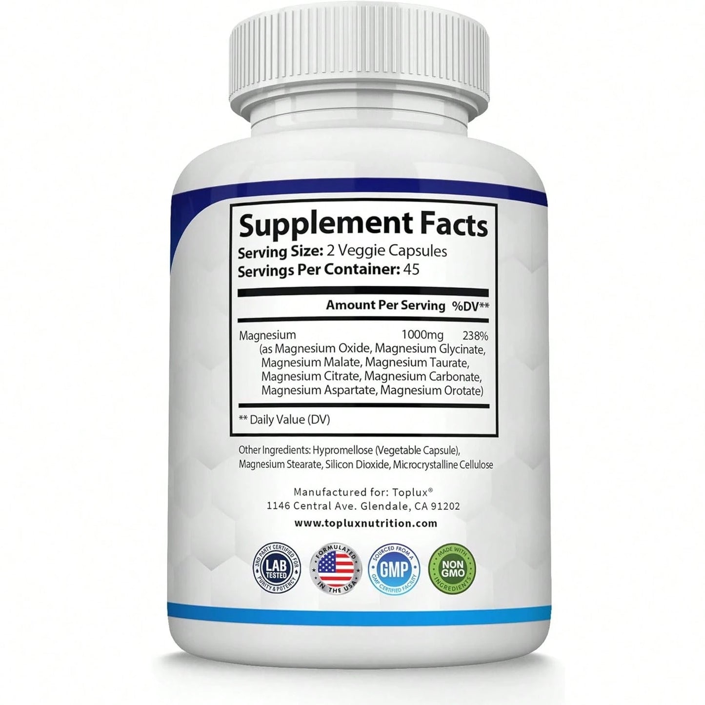 Toplux Magnesium Complex Supplement 8 Elemental 1000mg- Magnesium Glycinate, Citrate, Malate, Taurate, Chelated For Easy Absorption For Bones, Muscle, Recovery, Energy, Vegan Non-GMO 90 Capsules Vita